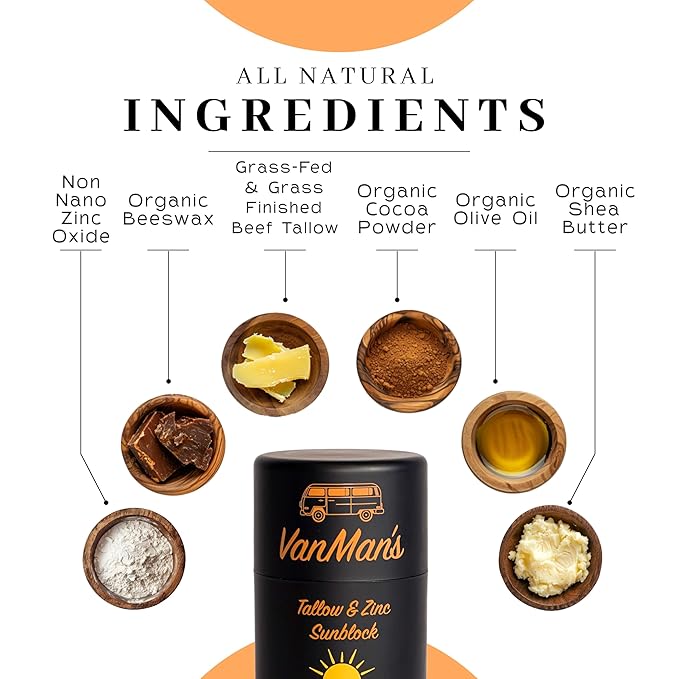 Vanman Tallow and Zinc Sunblock Stick - Mineral Sunscreen with Non-Nano Zinc Oxide - Sunstick Made with Grass Fed Beef Tallow for Face & Body Protection - 3.3 ounce