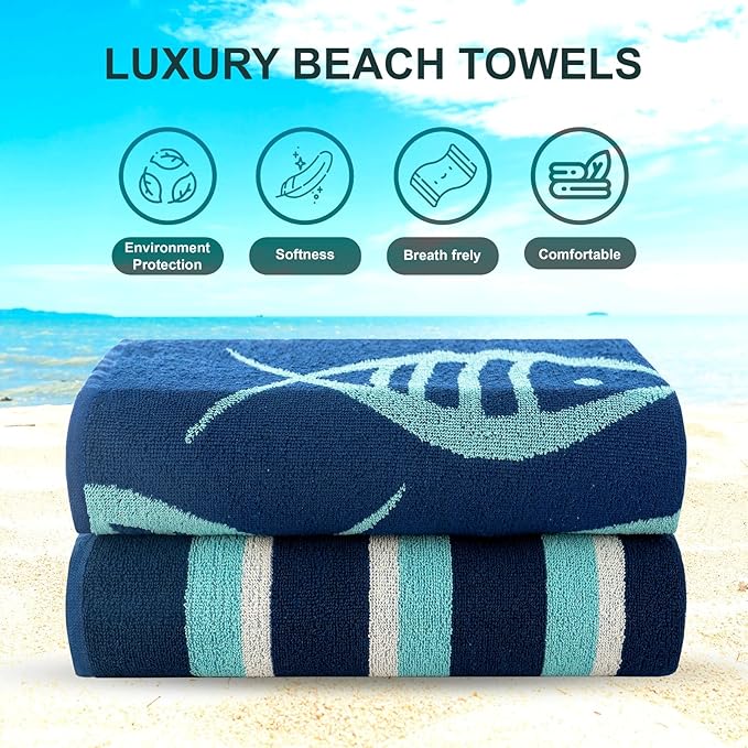 CASA COPENHAGEN Miami Bath Towels Designed in Denmark Rough and Tough, Quick Dry, for Pool, Bath & Shower 30"x60", 2 Pieces Cotton Beach Towels Set - Fish Navy + Turquoise Stripe