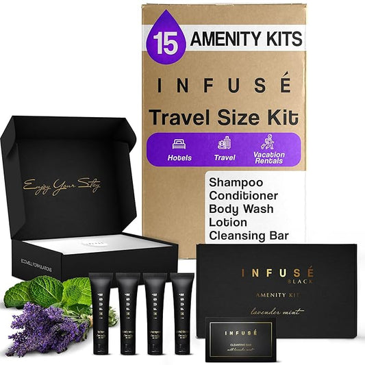 Infuse Black Amenity Kit | Boxed Hotel Toiletries | Bulk Set 1 oz Travel Size Shampoo, Conditioner, Lotion, Body Wash & Cleansing Bar for Guest Hospitality AirBnB/Vacation Rentals | 75 Pieces