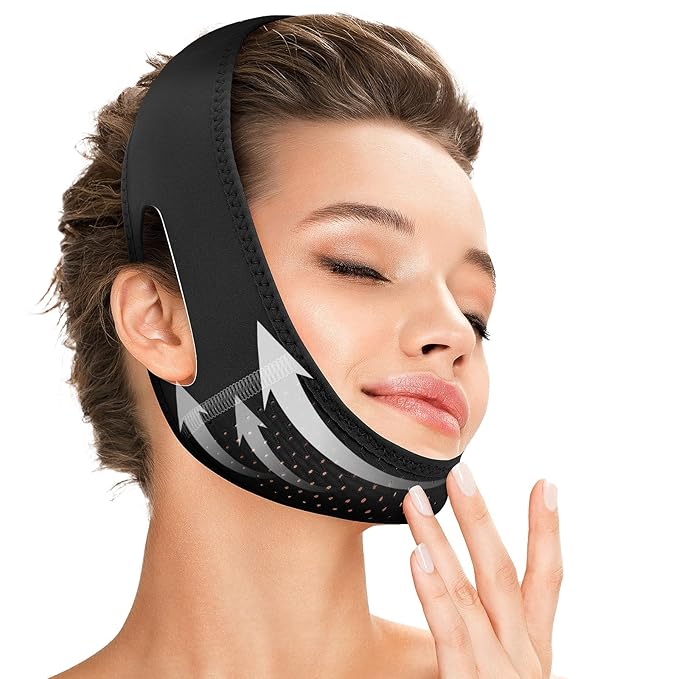 Reusable V Line Lifting Mask with Chin Strap for Sleeping,Face Lift Prevent Sagging, Jaw Exerciser,Black,M