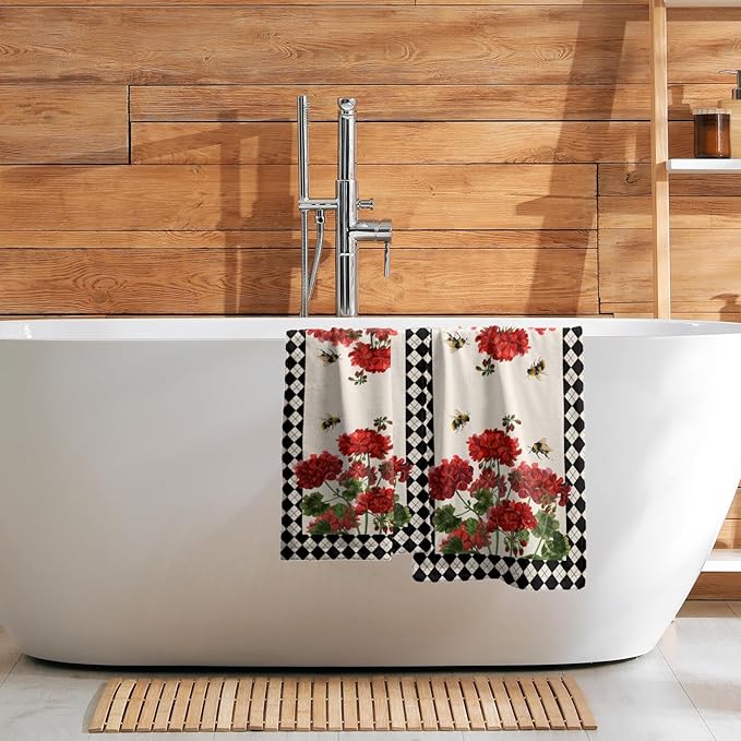 Giwawa Red Flower Hand Towels Set of 2 Buffalo Plaid Decorative Guest Bath Towel Soft Absorbent Kitchen Hotel Dish Towel Quick Drying Washcloths