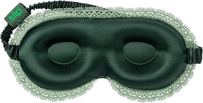 slip Peppermint Dreams Beauty Sleepover Set – Evergreen Contour Sleep Mask with Lace Trim, White Large Silk Scrunchie & Black Skinny Scrunchie – Limited Edition Gift Set