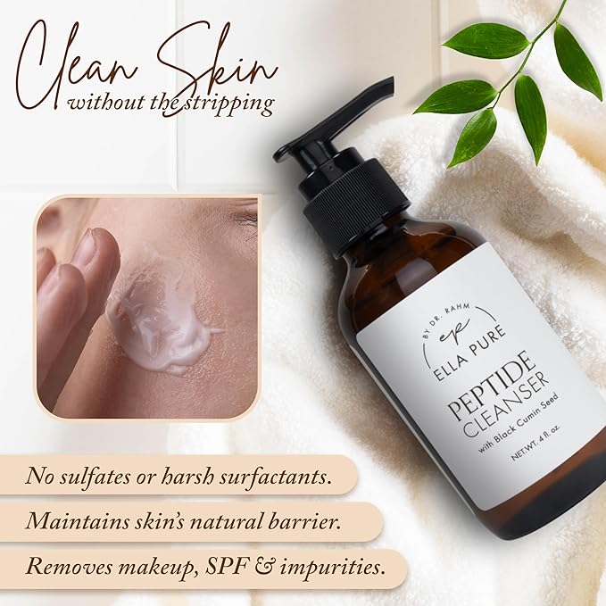 Peptide Facial Cleanser with Hemp Seed Oil & Natural Extracts - Gentle Face Wash with Soothing Botanicals & Hydrating Ingredients - pH Balanced Face Cleanser for All Skin Types