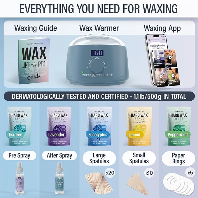 Tress Wellness Waxing Kit for Sensitive Skin – Safe for Face & Skin, Prep & Aftercare Spray, Easy to Use – At-Home Kit for Face, Bikini, Brazilian & Full Body - Digital Display, Blue