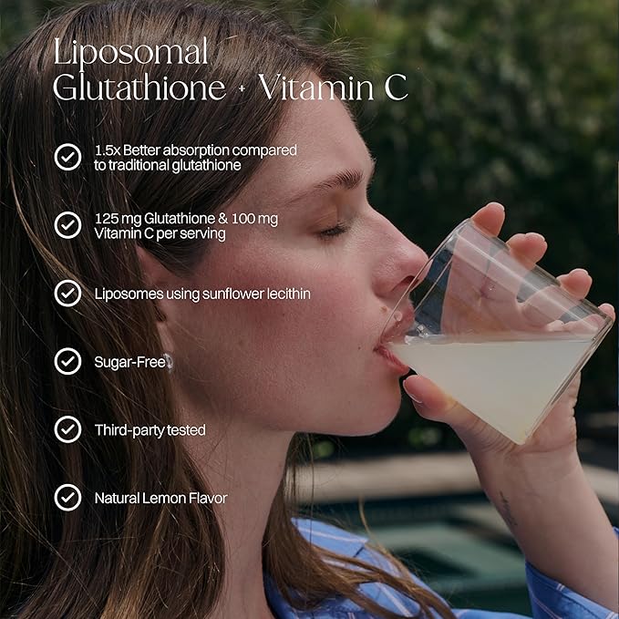 Liposomal Glutathione Powder, 125mg L-Glutathione Sugar-Free Flavored Packets, 100mg Vitamin C, Powerful Antioxidant Supplement for Skin, Beauty Health & Detox Support, 30 Packets - Lemon