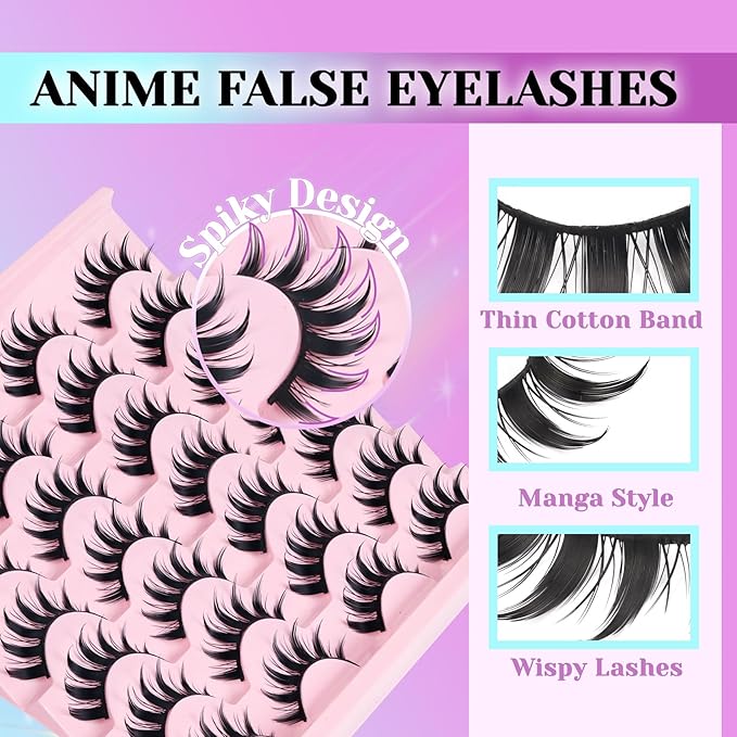 Losha Lashes Spiky Manga Lashes 14 Pairs Anime False Eyelashes 8D Wispy Eye Lashes Kit with Lash Glue and Lash Tweezers Natural Soft Fake Eyelashes (Cutes)