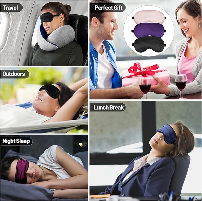 Sleep Mask, Silk Eye Mask for Sleeping with Adjustable Strap, Satin Blackout Sleeping Eye Mask for Men&Women, Comfortable Blindfold Eyeshade for Night Sleep (Black,Pink,Purple)