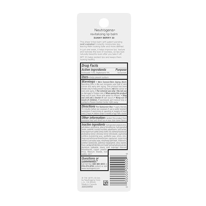 Neutrogena Revitalizing and Moisturizing Tinted Lip Balm with Sun Protective Broad Spectrum SPF 20 Sunscreen, Lip Soothing Balm with a Sheer Tint in Color Sunny Berry 30,.15 oz
