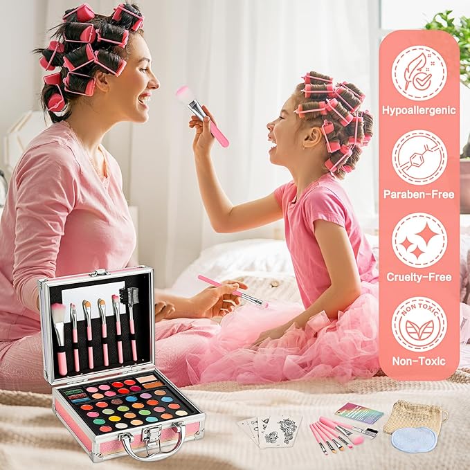 Anpro All-In-One Makeup Carry Case with Pro Teen Makeup Set, Full Starter Cosmetics Kit with Makeup Brushes, Eye Shadows Palette, Blushes, Glitter Gel, Temporary Tattoo Stickers - Colorful