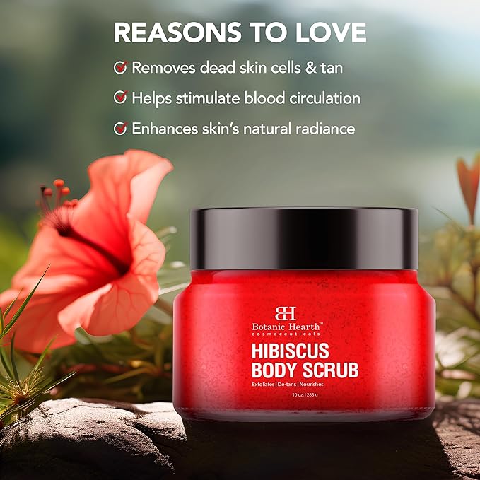 Botanic Hearth Hibiscus Body Scrub Exfoliator | Hydrating Raw Sugar Scrub | Natural Body Scrub For Skin Care, Stretch Marks, Acne & Cellulite, Eczema, Age Spots & Varicose Veins | 10 Oz