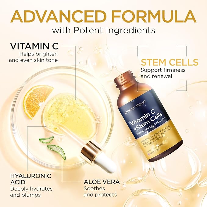 Vitamin C Serum for Face with Stem Cells Hyaluronic Acid Vitamin E Aloe Vera For All Skin Types Anti-Aging Face Seru Supports Skin Health & Even Tone Day and Night Made in USA 1 Oz