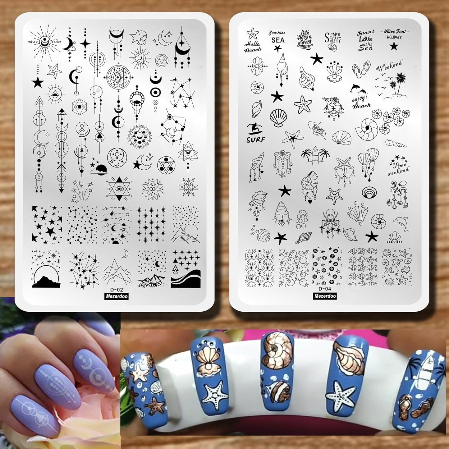 2pcs Sun Moon Star Nail Plates Stamping Set Sea Shell Pattern Stamp Templates Geometry Flowers Nail Art Stamper Plates for DIY Print Manicure Salon Design Gift Supplies 9.5x14.5CM
