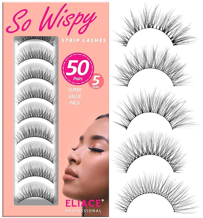Eliace Luxurious 50 Pairs 5 Styles Cat Eye Lashes Wispy False Eyelashes Natural look 3D Mink Lashes Fake Eyelashes Kit, Thin Soft Band Comfortable Fluffy Volume Cross Strip Lash, with Lash Tweezers