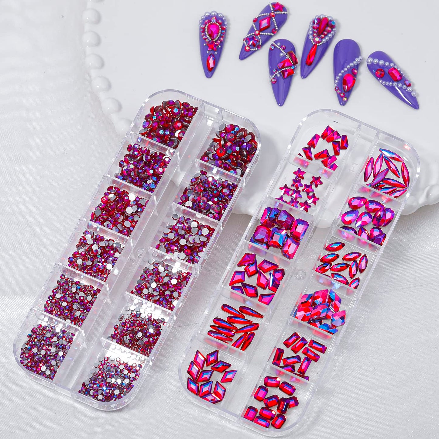 HNUIX Nail Rhinestones - 3D Multi Shape Size, Crystal AB Red Nail Gems, Flat Back, with Kit, for Nail Art, DIY Decorations