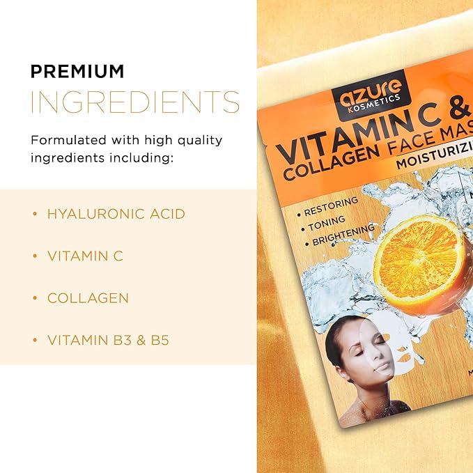 Azure Cosmetics Vitamin C & Collagen Face Mask - Dermatologist Tested Moisturizing Sheet Mask for Dry Skin - Firms, Tones & Smooths Fine Lines - K-Beauty Skincare - Made in Korea - Pack of 10