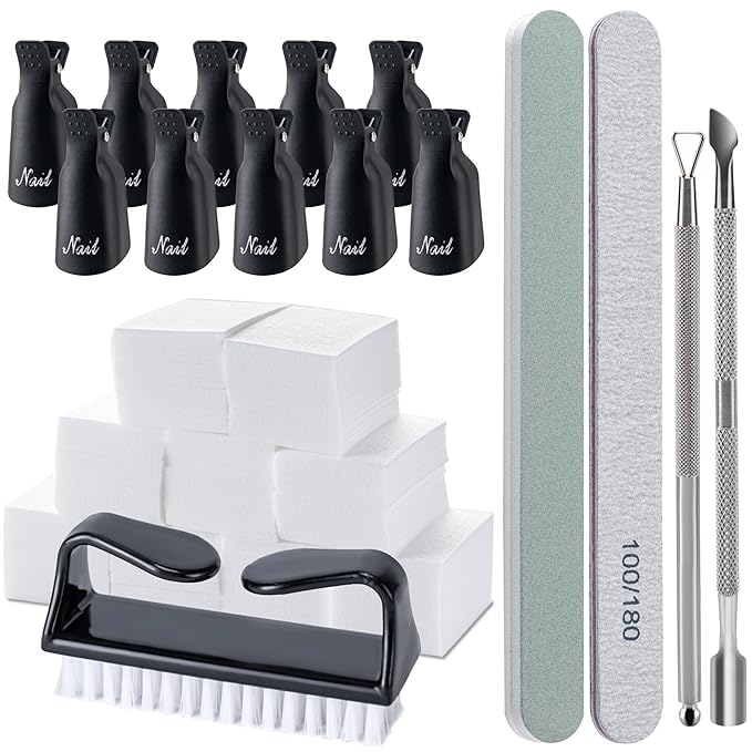 Gel Nail Polish Remover Tools Kit, with 10 Pcs Nail Clips, 400 Pcs Lint Free Nail Wipes, Nail Files 100/180, Buffer Block 400/4000, Nail Brush, Cuticle Pusher, Cuticle Peeler (Black)