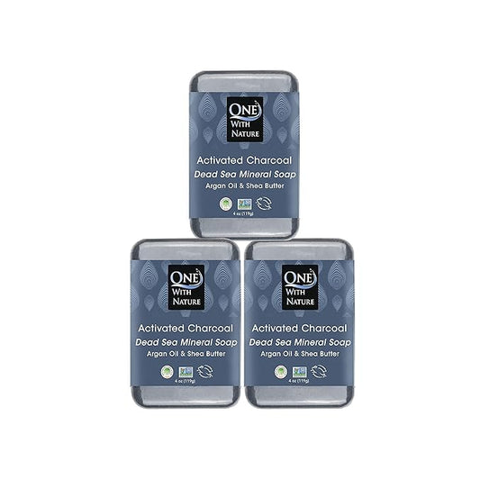 One With Nature Activated Charcoal Soap 4oz 3-Pack – Detoxifying and Exfoliating Charcoal Soap Bar with Dead Sea Salt for Face & Body, for Men & Women
