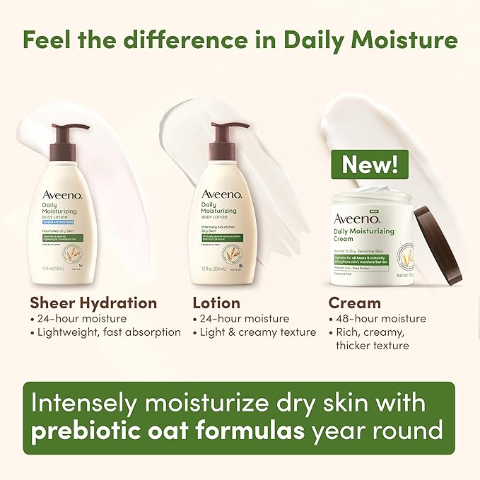 Aveeno Daily Moisturizing Cream with Prebiotic Oat & Shea Butter for Body, Face & Hands Moisturizer Cream, Hydrates Normal to Dry, Sensitive Skin, Fragrance Free, Non-Comedogenic, 20 oz