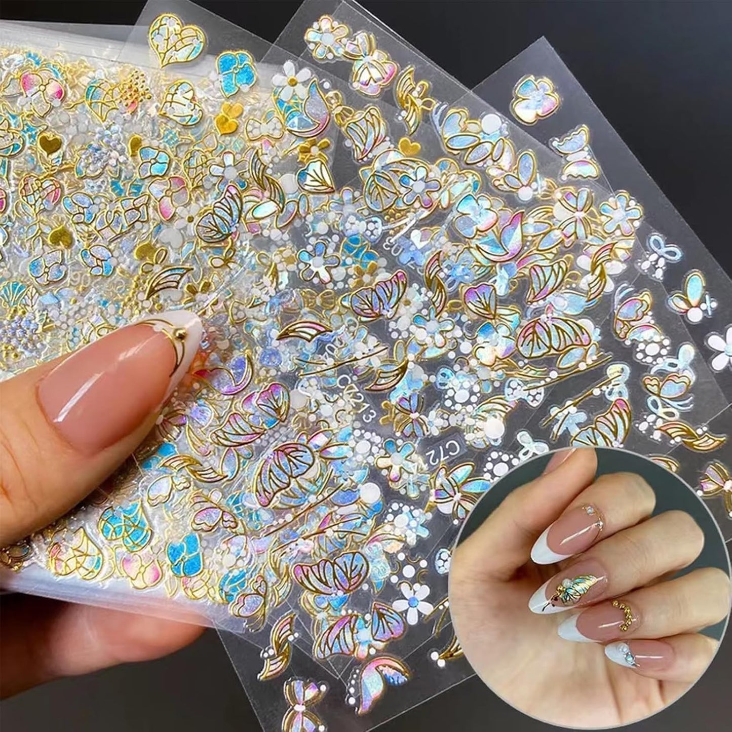 20 Sheets Butterfly Nail Stickers Y2k Gold 3D Self Adhesive Shiny Butterflies Nail Art Charms Decals Heart Nails Supplies Decoration Accessories (ST-GB)