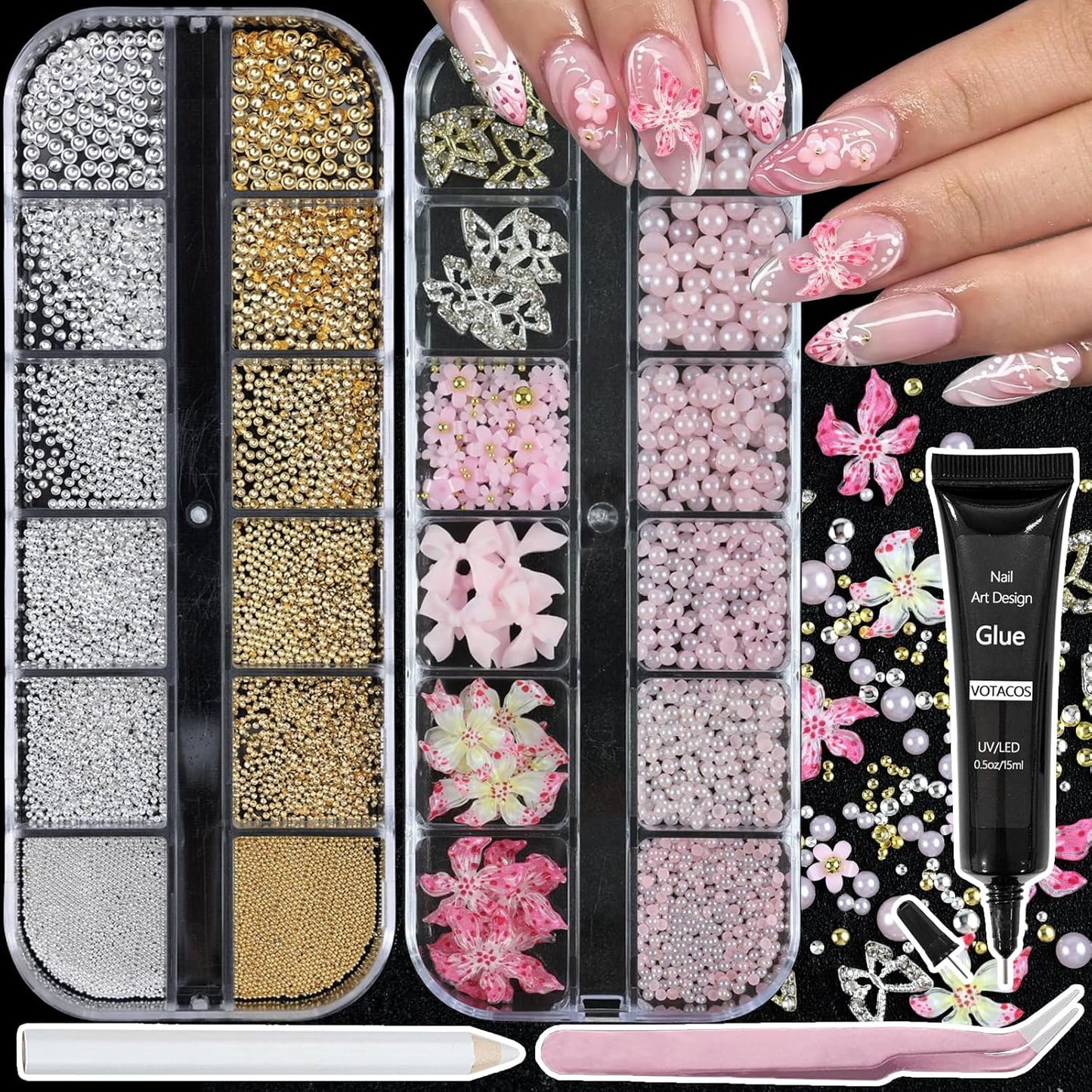 Nail Art Charms with Rhinestones Glue Gel Pink Flatback Pearls Flower Bow Nail Gems Supplies Accessories Gold Silver Nails Decoration Pearls for Women Nails Design