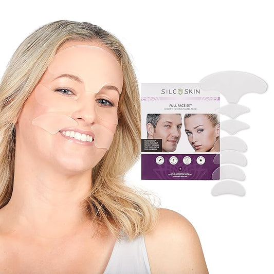 SilcSkin Full Face Set, Helps with Face & Brow Wrinkles from Sun Aging Side Sleeping, Reusable Self Adhesive Medical Grade Silicone, 1 Brow Pad, 4 Eye Pads, 2 Multi-Area Pads - 45 Day Supply