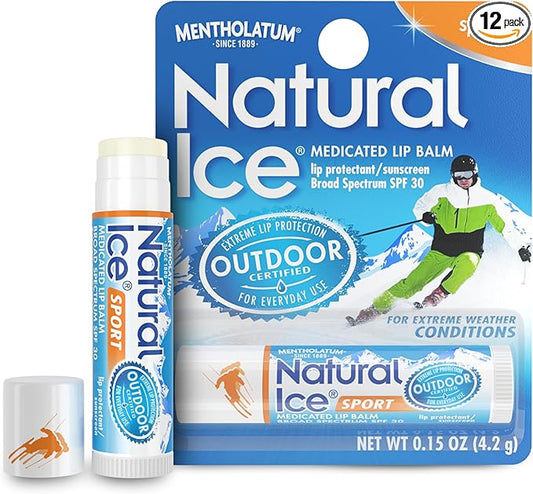 Mentholatum (R) Natural Ice (R) Sport Broad Spectrum SPF 30 Medicated Lip Balm - 12 Pack of 4.5 g Tubes