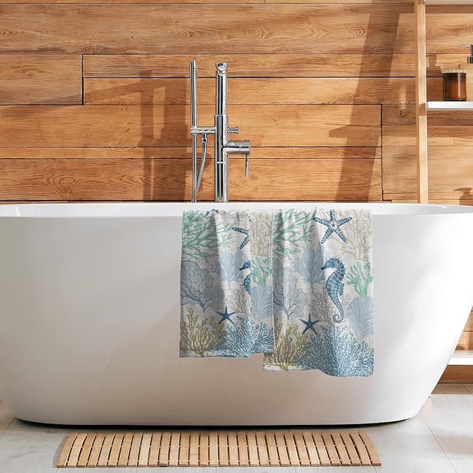 Giwawa Blue Coral Hand Towels Set of 2 Sea Horse Decorative Bathroom Towels Super Soft Absorbent Towels for Yoga Gym Spa Kitchen 28x14 Inch