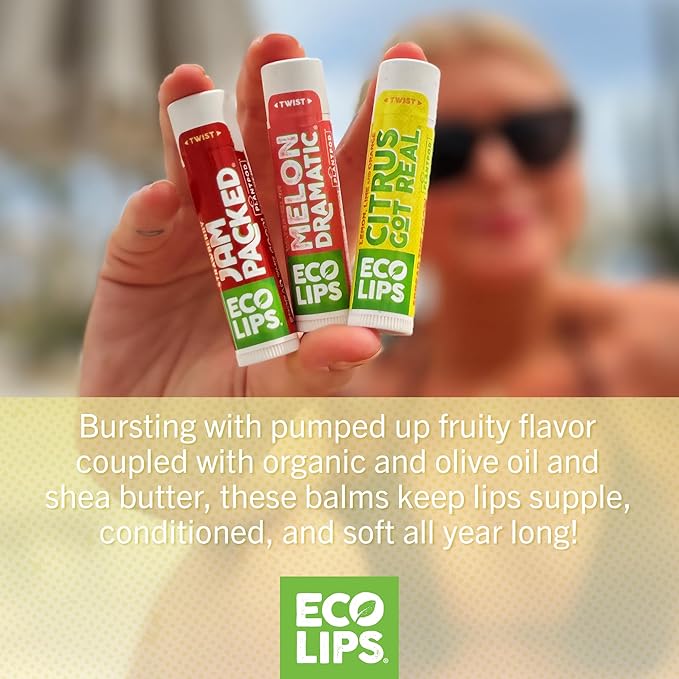 Eco Lips Freshly Squeezed Organic Fruit Lip Balms - Citrus Got Real (Lemon/Lime), Melondramatic (Watermelon), Jam Packed (Strawberry) Plastic-Free Plant Pod 6-pack by Eco Lips 100% Natural.