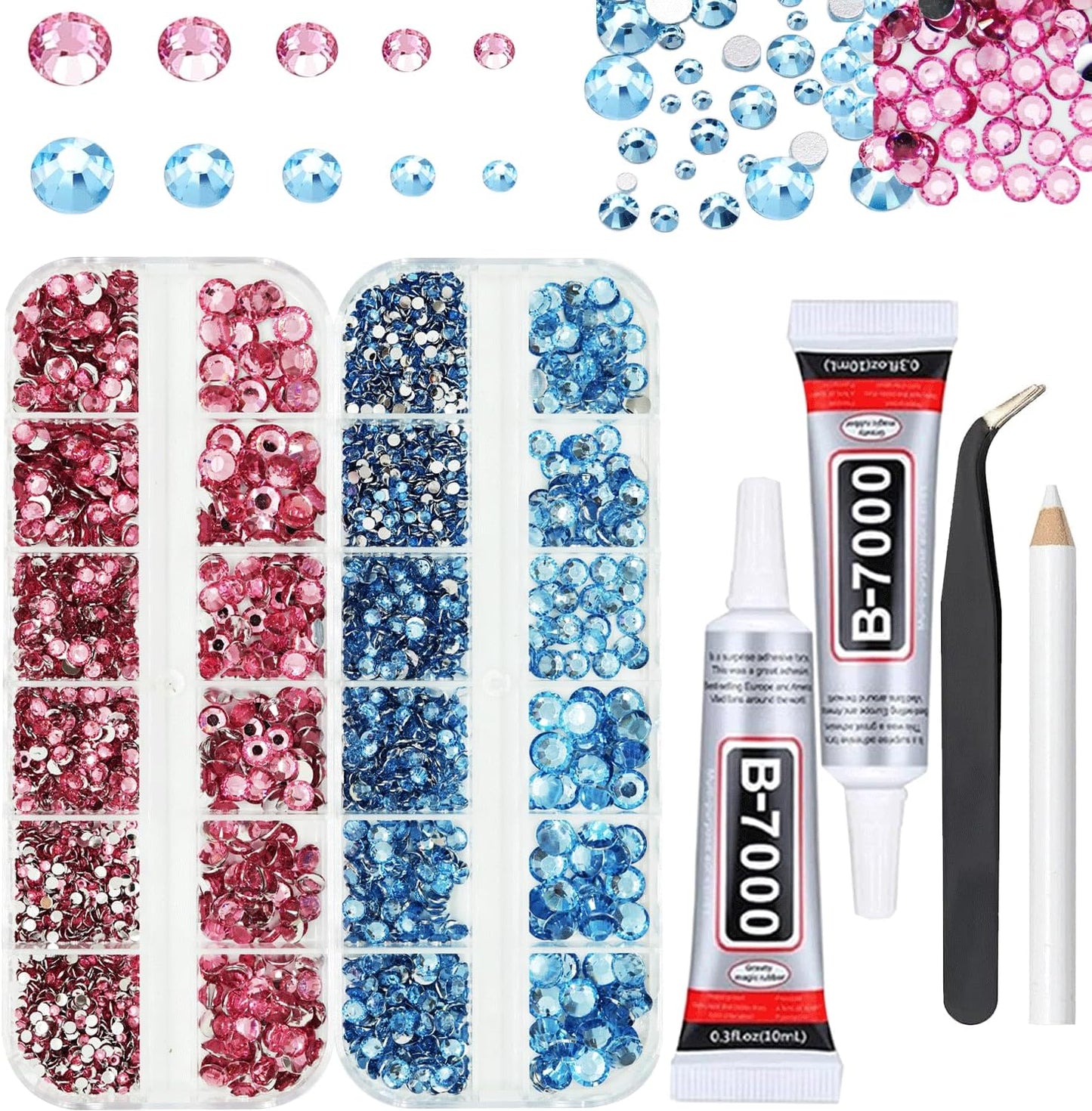 Rhinestones for Bedazzling with B7000 Glue, Pink Light Blue 2mm 3mm 4mm 5mm 6mm (SS8-SS30) Non-Hotfix Flatback Diamonds Kit, Baby Blue Nail Crystals Gems Beads for Bedazzle Crafting, DIY Nail Art