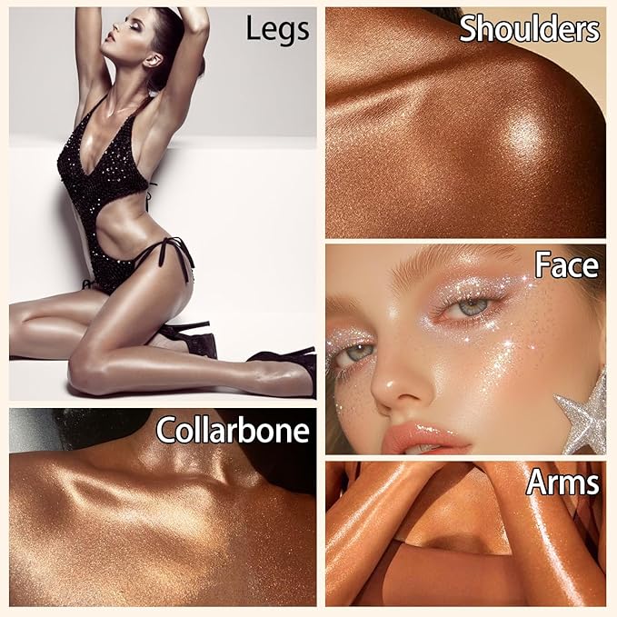 Shimmer Body Oil, SPF 45 Broad Spectrum, Sunscreen Face and Liquid Luminizer Waterproof Moisturizing, Light Shimmer Glow Illuminator, Smooth Body Highlighter Makeup (#03 Glistening Bronze)