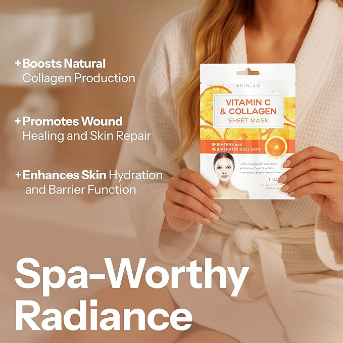 Vitamin C & Collagen Sheet Mask - Anti-Aging, Wrinkle & Age Spot Reducer, Hydrating & Moisturizing - Dermatologist Tested Korean Skincare, Clean Beauty, Cruelty-Free, All Skin Types - 5 Masks