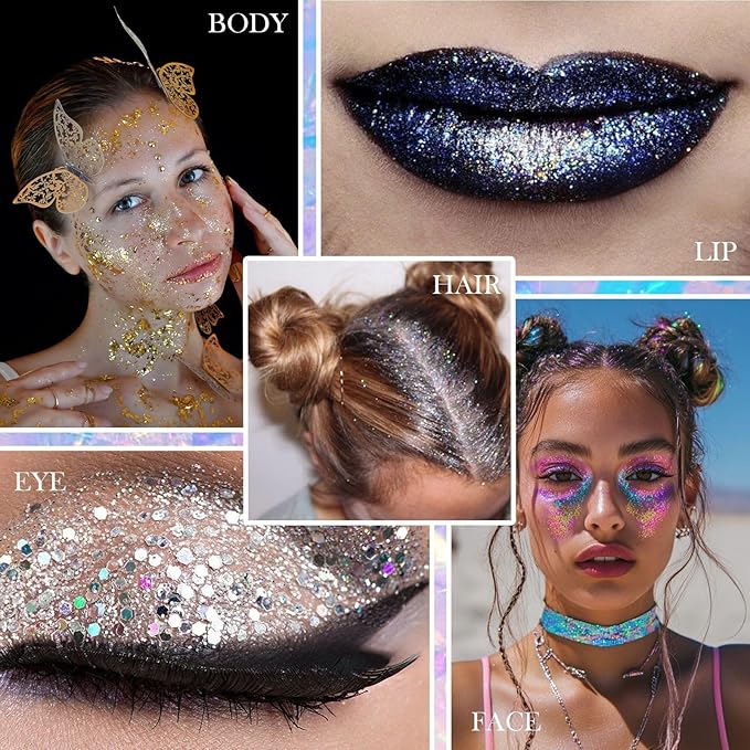 Body Glitter Gel - Halloween Costumes for Women, Sparkly Chunky Glitter Hair for Kids, Halloween Christmas Singer Concert Festival Rave Accessories (Gold Body Glitter)