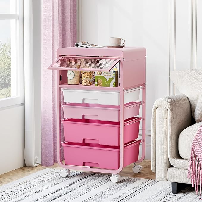 Utility-Rolling-Storage-Drawer-Craft-Cart-Organizers with 4 Drawers & Dust-Proof Door for Kid Craft Art Room,Bedroom,Home Office, Classroom, Rose Pink