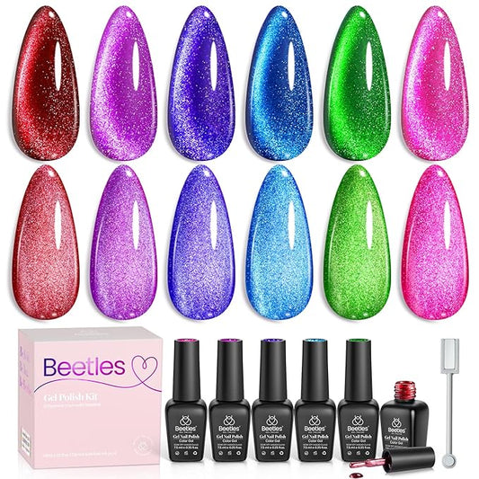Beetles Cat Eye Gel Nail Polish, 6 Colors Summer Cat Eye Glitter Gel Polish Set Neon Red Pink Purple Blue Green with Magnet Velvet Gel Kit French Nail Art Manicure Gift for Women