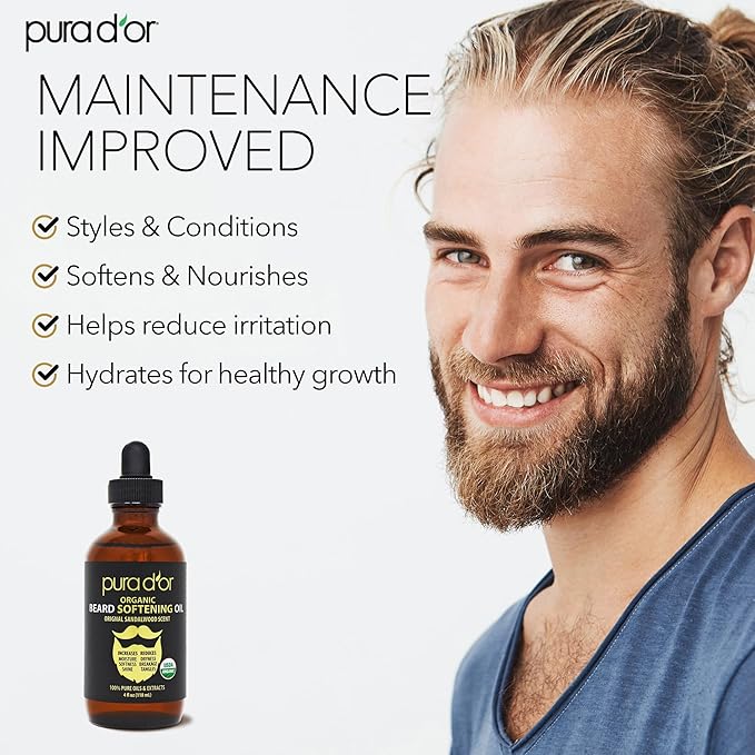 PURA D'OR 4 Oz ORGANIC Beard Softening Oil - Original Sandalwood Scent - Leave-In Conditioner, Argan & Jojoba Oil - Mustache Care & Maintenance, Increase Softness & Strength - Beard Hair, Skin & Face