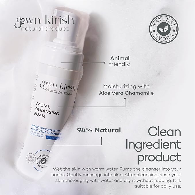 Gew’n Kirish Facial Cleansing Foam – Gentle Daily Cleanser for All Skin Types, With Aloe Vera, Chamomile, Niacinamide, Moisture-Balancing Soft Lather, 7.5 fl oz