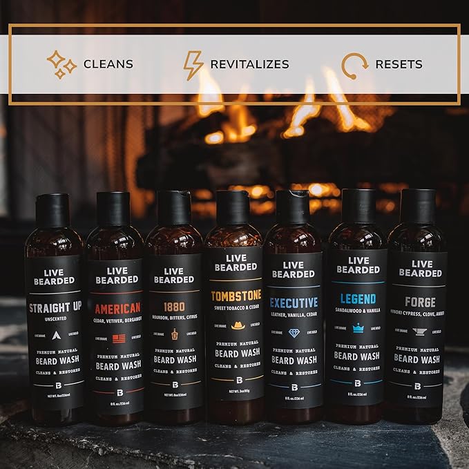 Live Bearded Beard Wash, 8 fl oz - Water-Based Face Cleanser with All-Natural Ingredients for a Gentle, Deep Clean - Made in the USA | Forge Scent - Hinoki Cypress, Clove, Amber