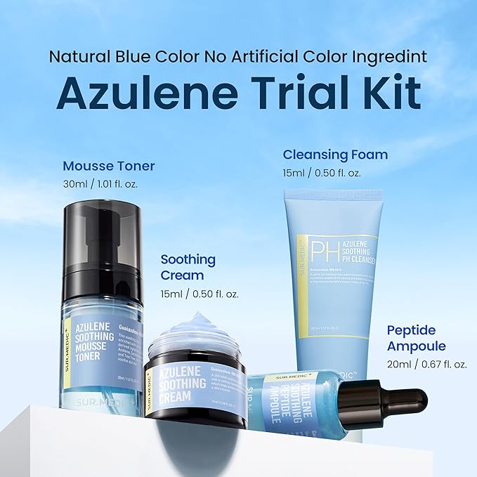 SURMEDIC AZULENE Soothing Trial Kit, Korean Skincare, Airplane-Friendly Travel Size Mini Set, Facitl Kit Gift for Women with Moisturizer, Cleanser, Toner, Ampoule, Cream