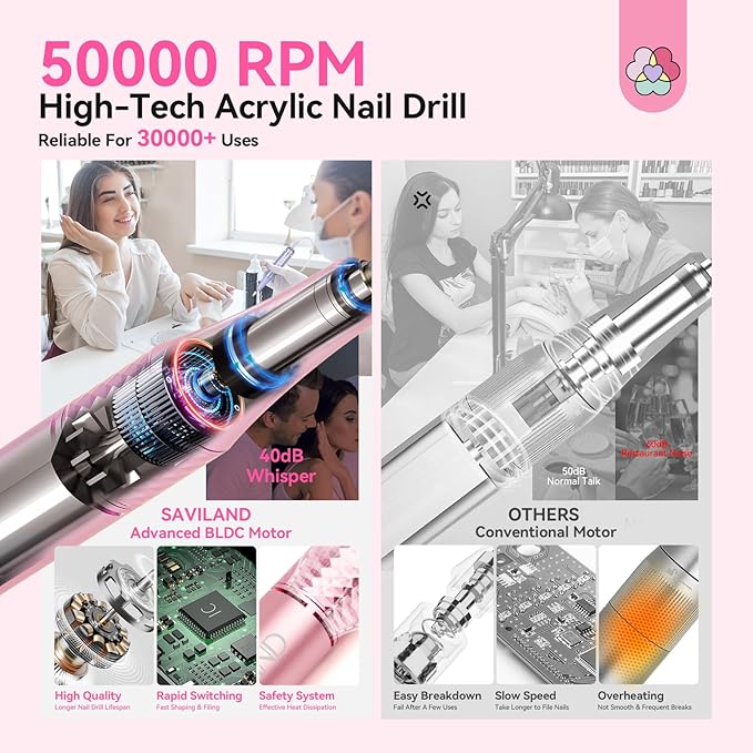 SAVILAND Electric Nail Drill Professional: 50000 RPM Electric Nail File Rechargeable Cordless Nail Drill Kit with Ceramic Drill Bits for Quick Acrylic Nail Removal Ambient Light Leopard Heart Print