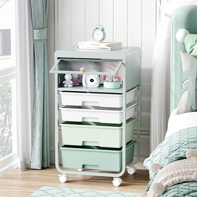 Utility-Rolling-Storage-Drawer-Craft-Cart-Organizers with 4 Drawers & Dust-proof Door for Kid Craft Art Room,Bedroom,Home Office, 4 Tiers Drawer cart, Green