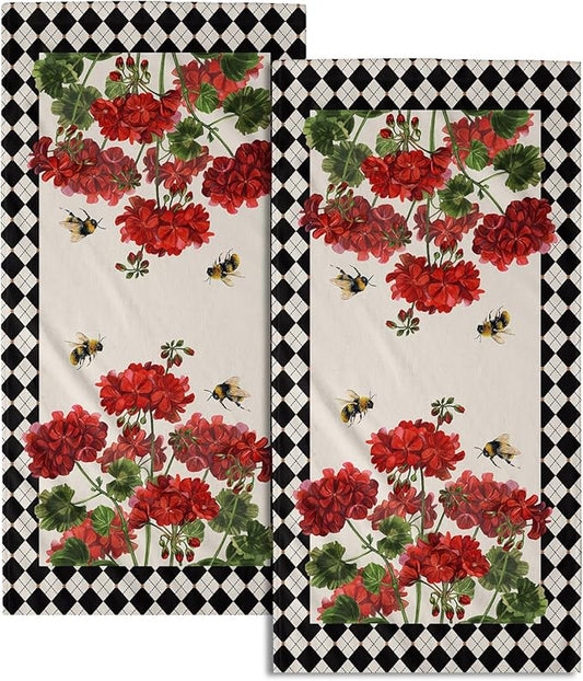 Giwawa Red Flower Hand Towels Set of 2 Buffalo Plaid Decorative Guest Bath Towel Soft Absorbent Kitchen Hotel Dish Towel Quick Drying Washcloths