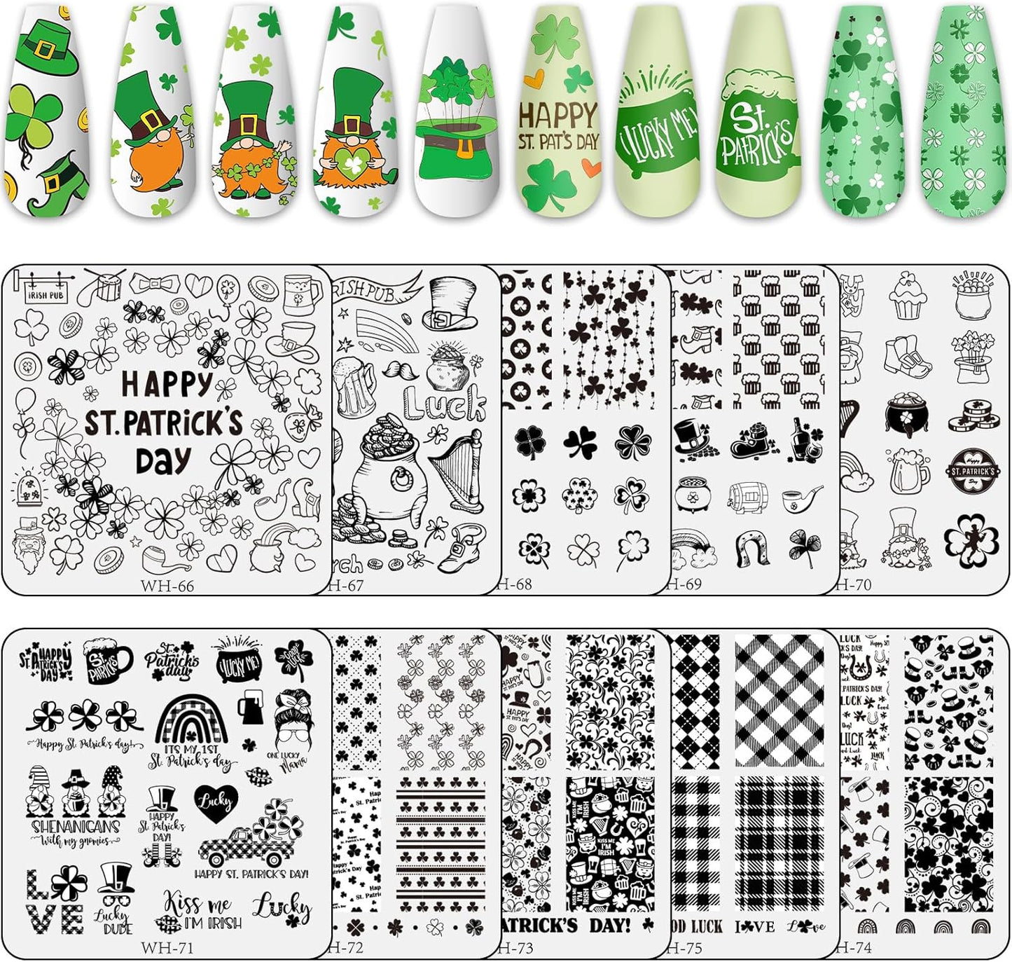 Whaline 10Pcs St. Patrick's Day Nail Art Stamping Plates Kit Shamrock Gnome Image Stamp Templates Irish Nail Art Plates for Holiday DIY Print Manicure Salon Design Gift
