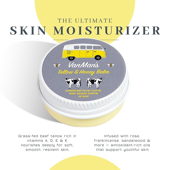Vanman’s - Tiny Tallow and Honey Balm - Pocket-Size Face Moisturizer with Honey and Grass-Fed/Finished Beef Tallow - Grass-Fed/Finished Beef Balm with Vitamins A, K, D, E, and Essential Oils - 0.25 oz