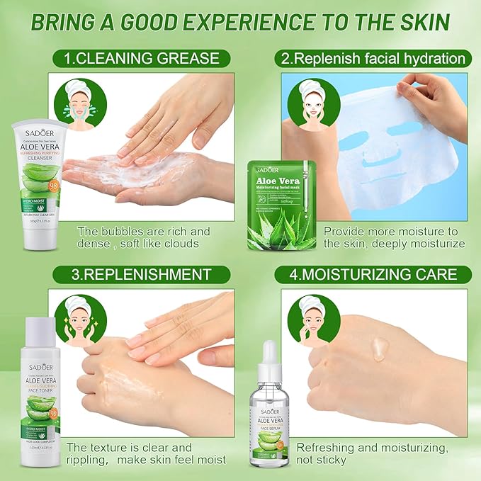 10 Pcs Skin Care Sets Face Care Set for Women Includes 1 Pcs Cleanser, Toner, Lotion, Eye Cream, Serum, Face Cream, Lip Balm and 3 Facial Masks Skincare Gift for Girls (Aloe Vera)