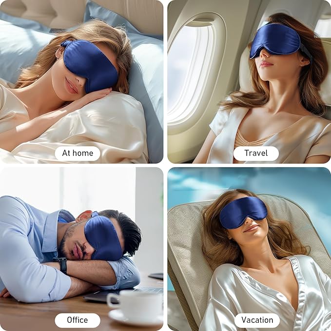 LitBear 100% 22 Momme Mulberry Silk Sleep Mask - 3D Contoured Eye Mask for Men Women, Soft Breathable Sleeping Mask with Adjustable Strap, Perfect Blocks Light for Sleeping (Midnight Blue)