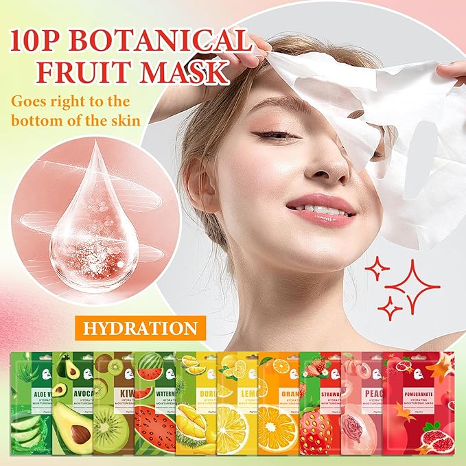 10 Pack Variety Facial Sheet Masks Skin Care Set, Hydrating Bulk Sheet Face Masks Skincare Gifts Set for Women Men, Long Lasting Moisturizing Face Mask Skincare for All Skin Type(A)