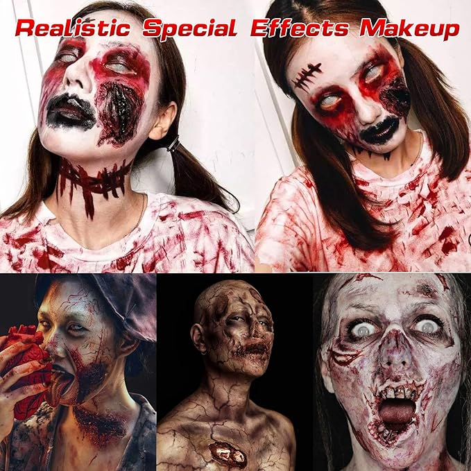 MEICOLY 7PCS Halloween Special Effects SFX Makeup Kit for Theatre Stage Performance,Scar Wax+Spatula Tool+Coagulated Blood+Black Stipple Sponges+White Sponges+Black Tooth Paint+Scar Wax Adhesive