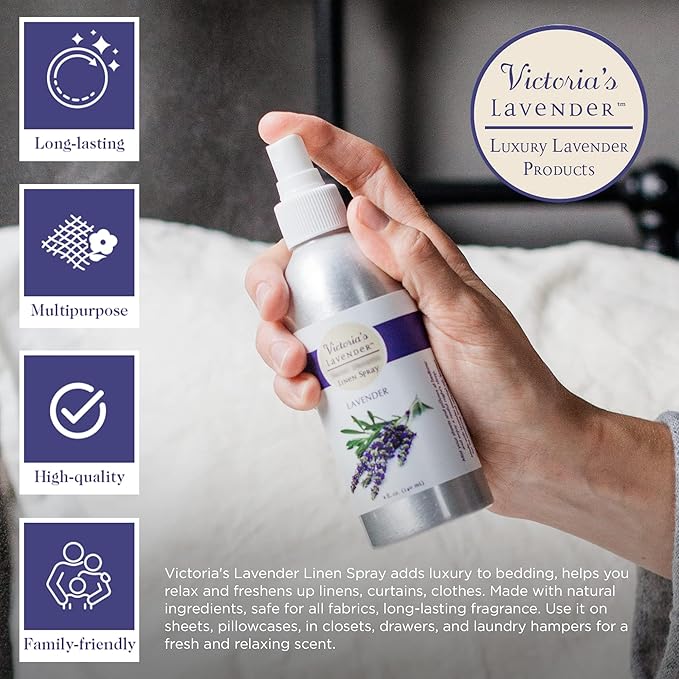 Victoria's Lavender Pillow and Linen Spray Mist (8 oz) and Aromatherapy Body Mist (4 oz) - After Sun Solar Recovery Spray with Aloe Vera and Lavender Essential Oil - Set of 2 – Made in the USA