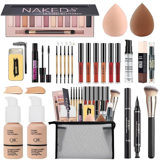 All in One Makeup Kit,Includes Naked Eyeshadow Palette,Liquid Foundation,Lipstick Set,Mascara,Makeup Brush,Makeup Sponge,Eyebrow Pencil,Eyebrow Soap,Eyeliner Stamp, Primer,Contour Stick,Cosmetic Bag