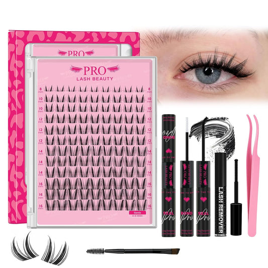 PROLASHBEAUTY Manga Lash Clusters Kit Wispy Eyelash Clusters DIY Lash Extension Kit Individual lashes Incisible Band Eyelash Extension Kit with Lash Glue, Tweezers Lash Brush (Genie,8-16mix)